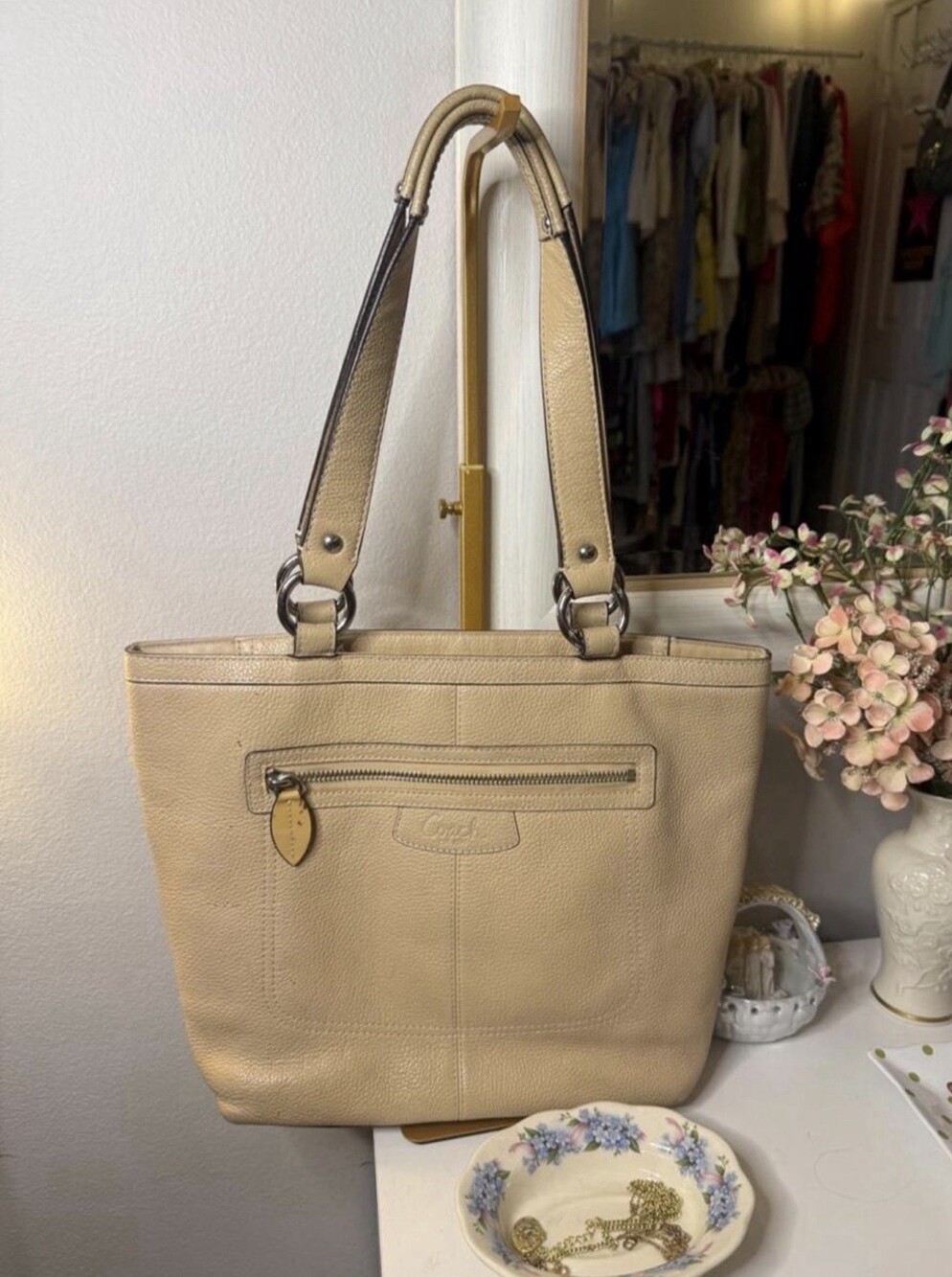 Coach Penelope F14683 Cream Pebbled Leather Tote Shoulder Bag Silver Hardware